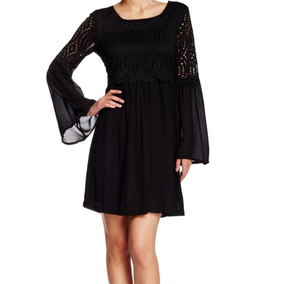Max Studio Black Crocheted Popover Short Casual Dress Flowy Long Sleeves XS - Picture 1 of 10